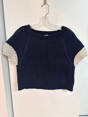 SI-IAE Navy Chunky Knit Cropped Sweater Contrast Sleeves Size M